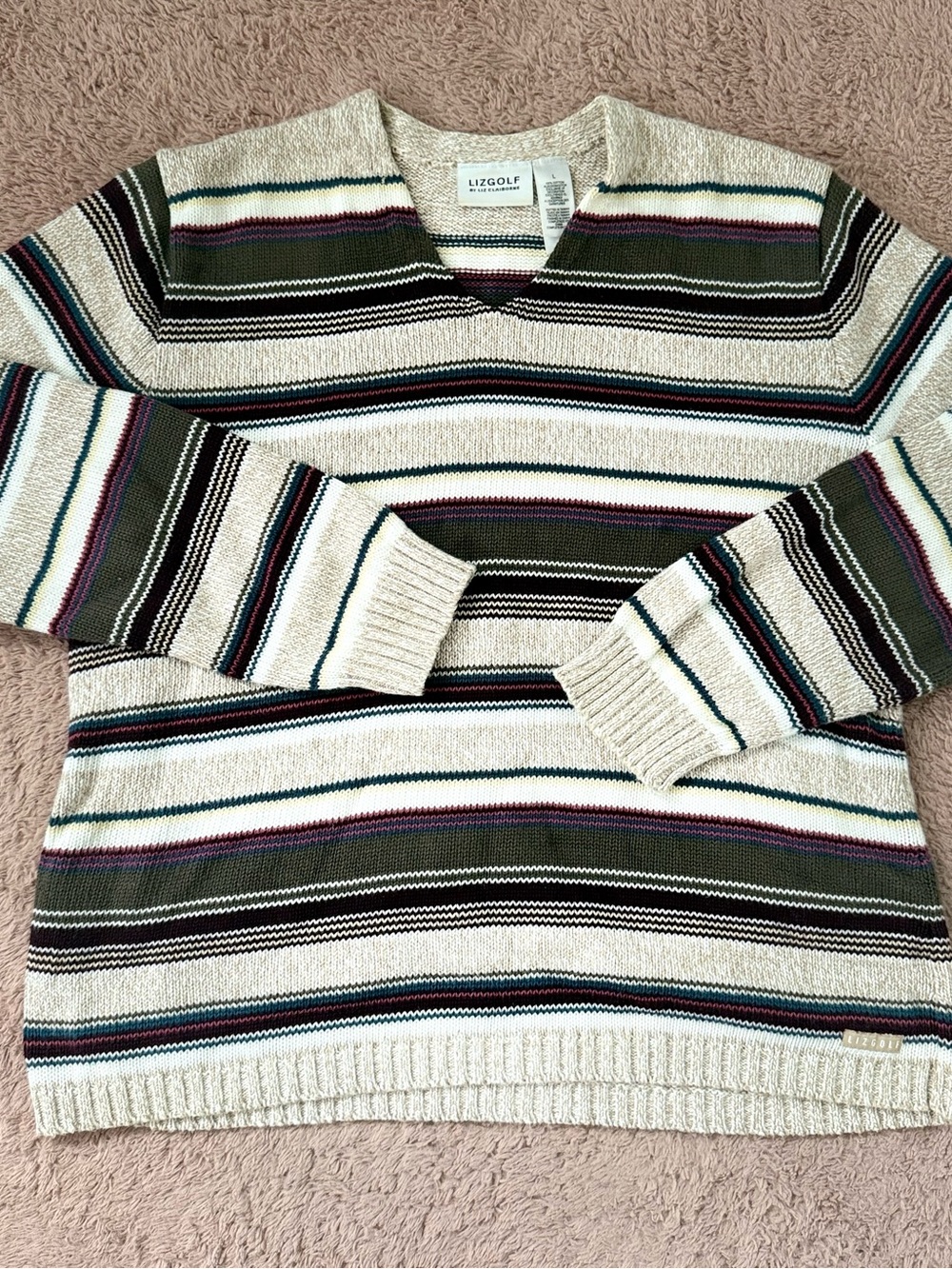 Cream Striped V-Neck Sweater
